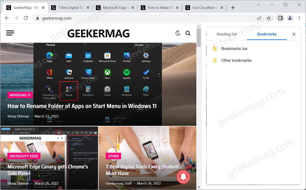 Bookmarks section in Chrome sidepanel