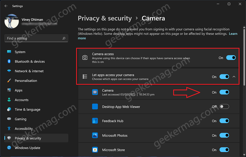 Camera privacy settings in windows 11