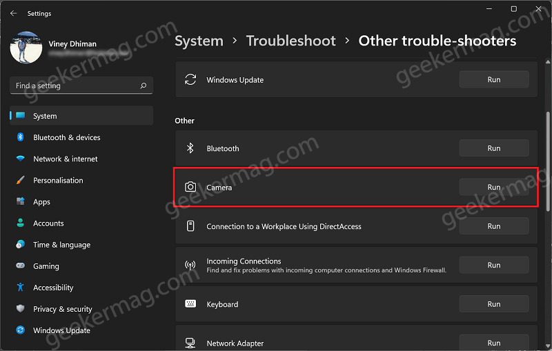 Run Camera troubleshooter in windows 11