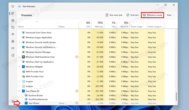 Enable efficiency mode in windows 11