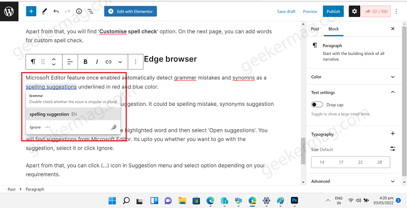 Microsoft Editor suggestion menu in edge browser