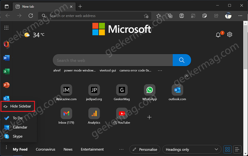 Hide Office Sidebar in Edge browser