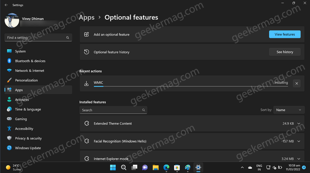 Recent actions in Optional feature settings page in windows 11