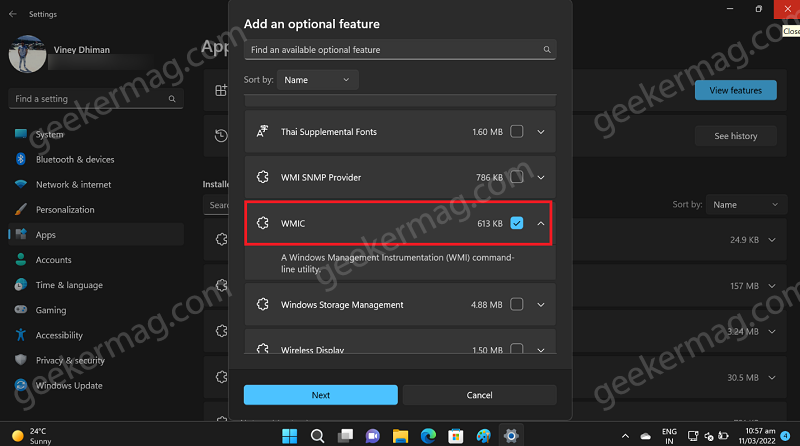 Find WMIC in Windows 11 optional feature list