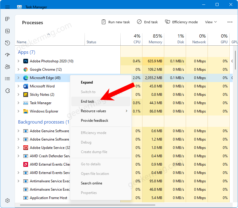 microsoft edge not responding task manager