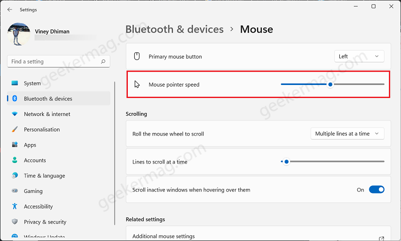 Mouse pointer speed in windows 11