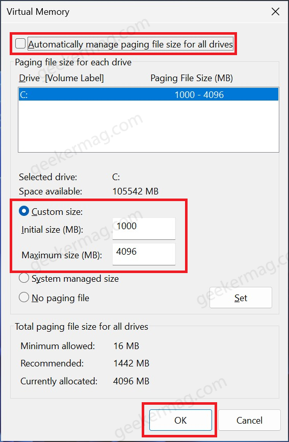 automatically manage paging file size for all drivers in windows 11