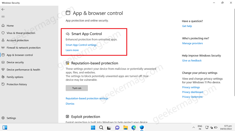 Smart app control settings in windwos 11