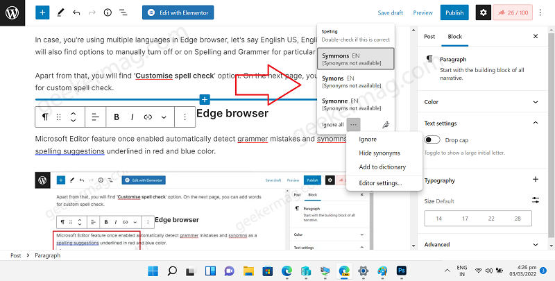Microsoft editor suggestion menu in edge browser