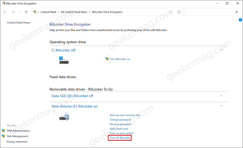 turn off bitlocker control panel