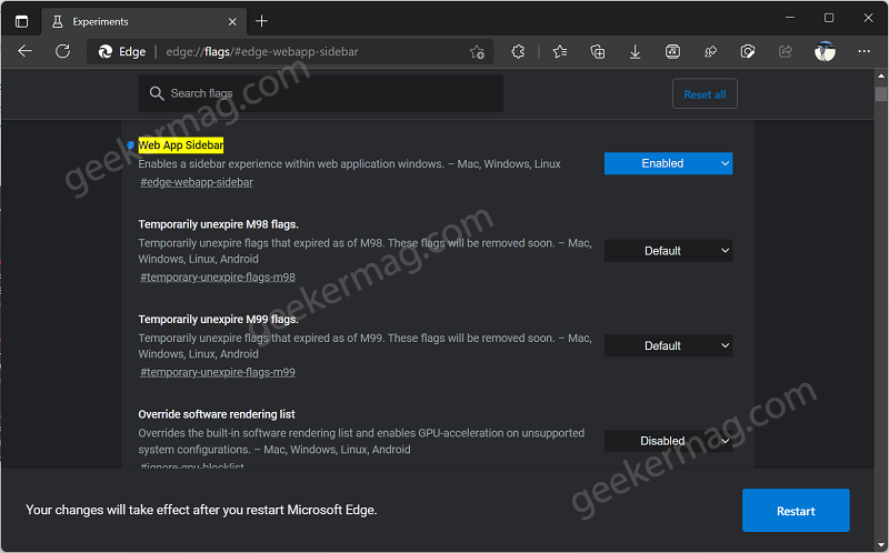 Edge Web apps sidebar flags in Edge browser