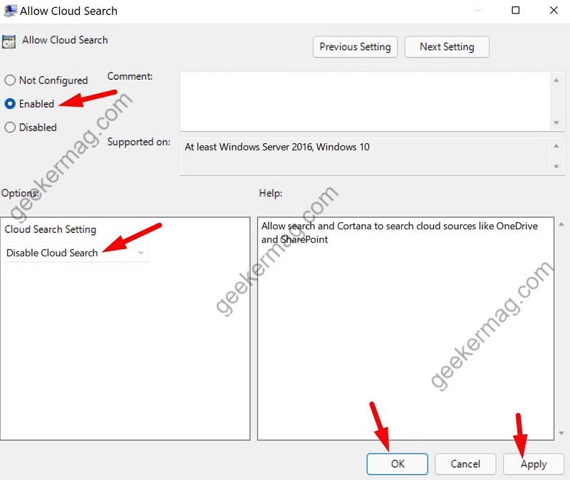 Disable Cloud Search Option and Click on Apply