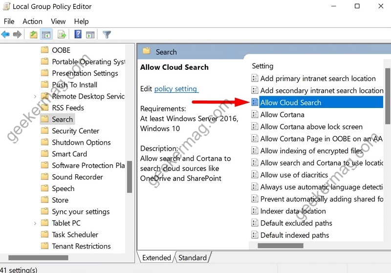 find Allow Cloud Search policy in the right sidebar