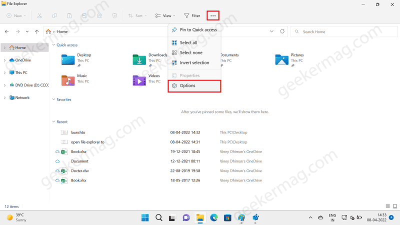 Open folder options in Windows 11