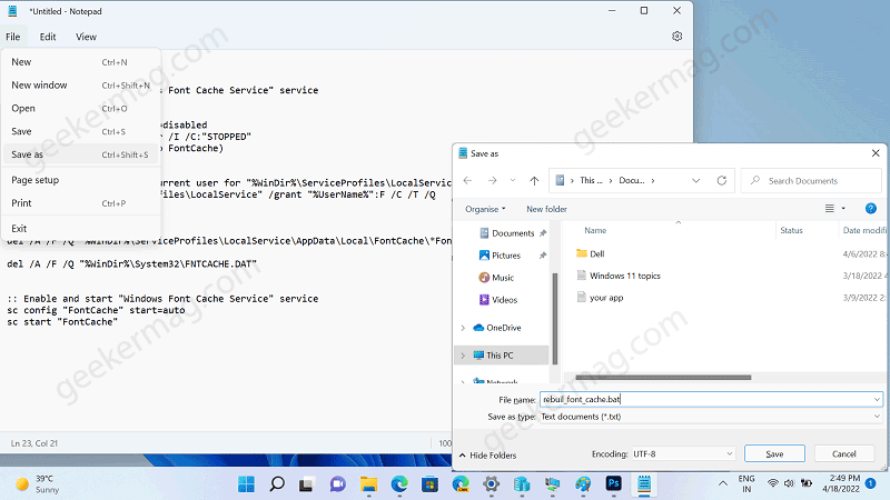 rebuild font cache in windows 11 using bat file.