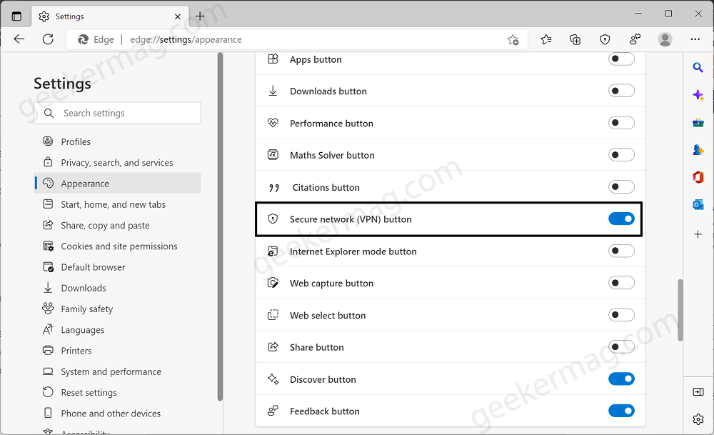 How to show or hide Secure network VPN button to edge toolbar