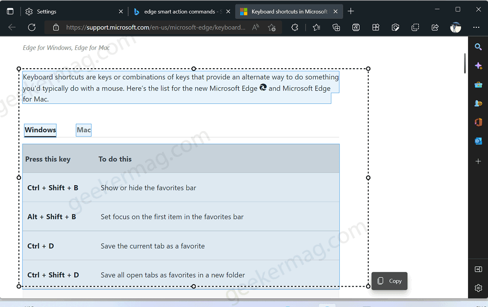 Select Content using Web Select in Edge browser