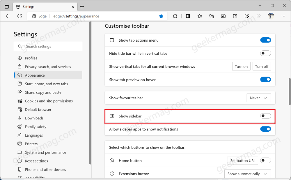 how to Show or hide sidebar in edge