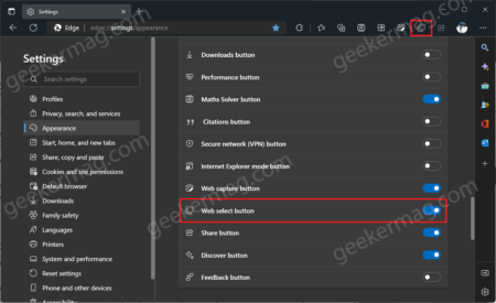 How to Show or Hide Web Select to Microsoft Edge Toolbar