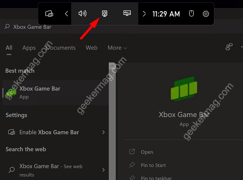 Xbox Game bar toolbar in windows 11