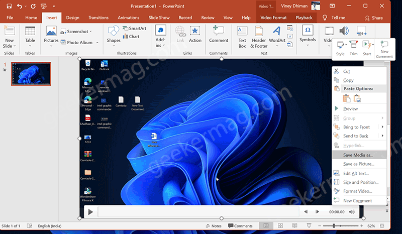 Save screen recording from PowerPoint document to windows 11 folder
