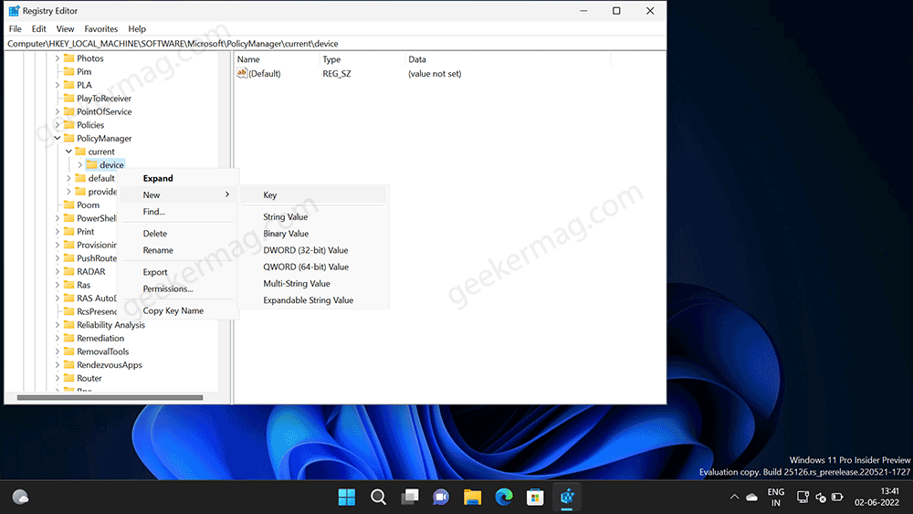 create device key in windows 11 registry editor