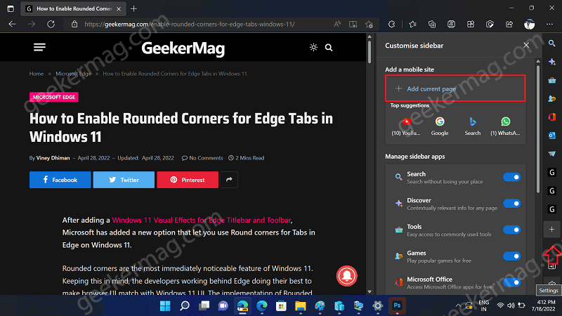 How to Add Favorite Website to Microsoft Edge Sidebar - 95