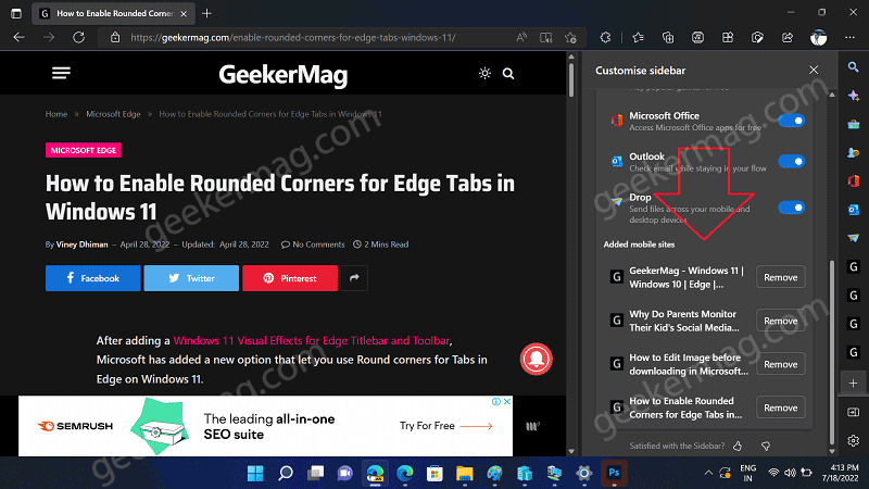 'Added mobile sites' option in sidebar of Edge browser
