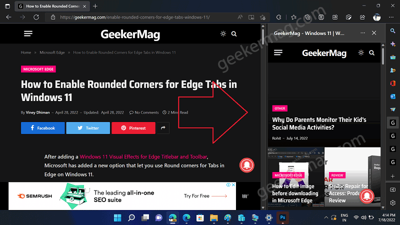 Mobile site open in sidebar of EDge browser