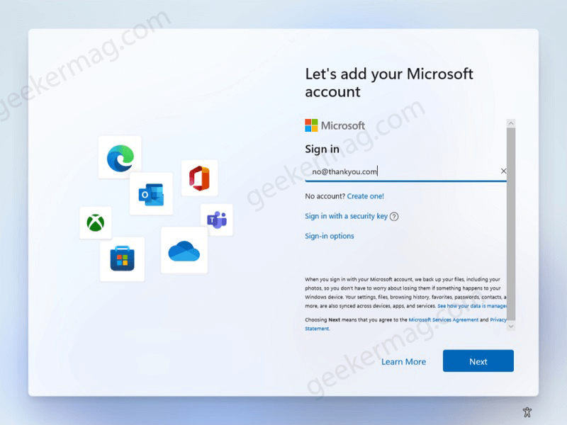 lets add your Microsoft account windows 11 setup