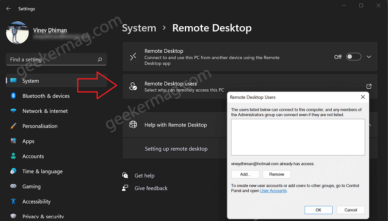 add user to remote desktop in windows 11