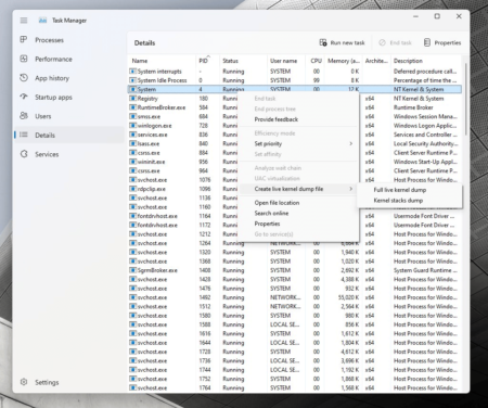 Create Live Kernel Dumps via Task Manager in Windows 11