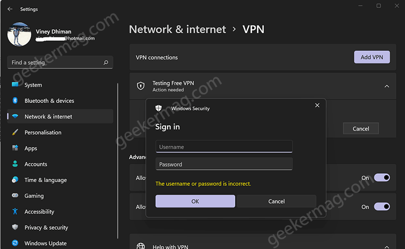 enter vpn credentials in windows 11