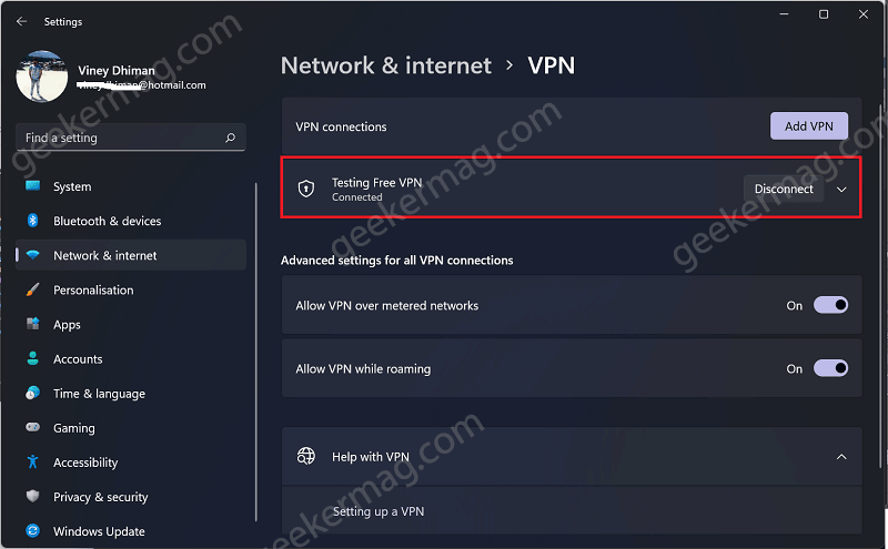 VPN connection in windows 11 is connected