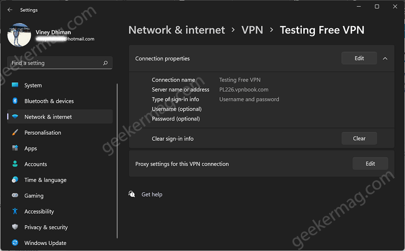 How to check VPN connection properties in windows 11