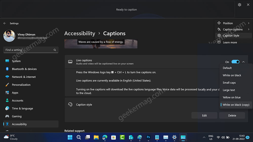 change caption window style in windows 11