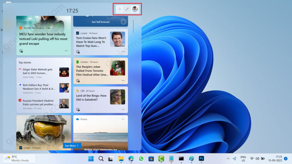 Expanded Widgets Full-Screen Mode in Windows 11