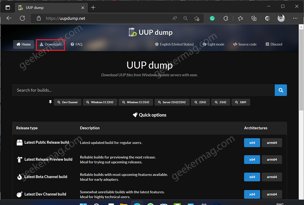 uup dump downloads