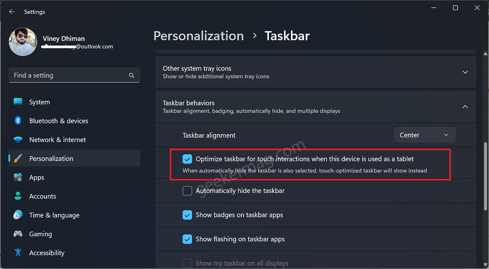 Optimize taskbar for touch interactions when this device is used as a tablet in windows 11