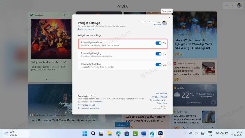 How to Disable Open Widgets board on Hover on Windows 11