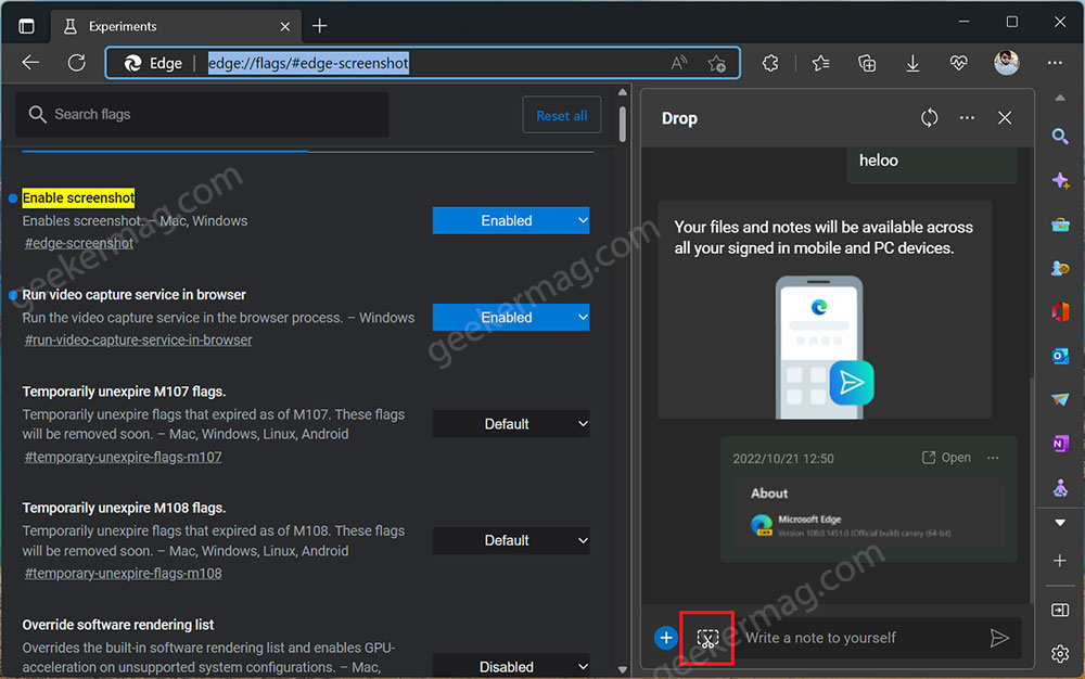 Microsoft Edge Drop panel now has its own Screenshot tool - 90