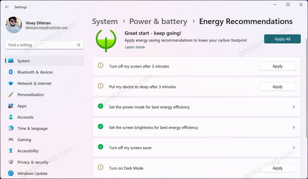 How to Enable Energy Recommendations Settings page in Windows 11 - 25231