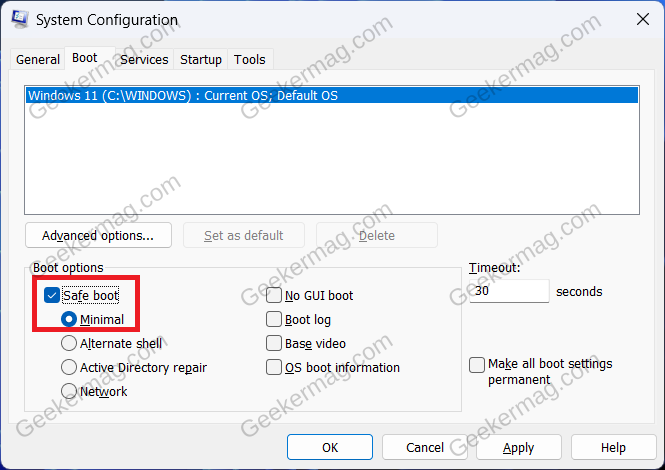 System configuration window - safe mode