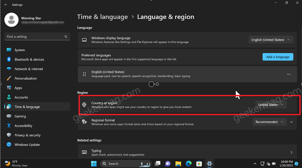 chang region of windows 11 pc to united states