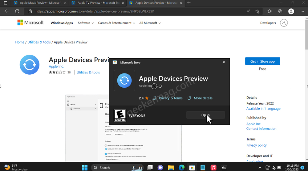Download Apple Devices app on Windows 11