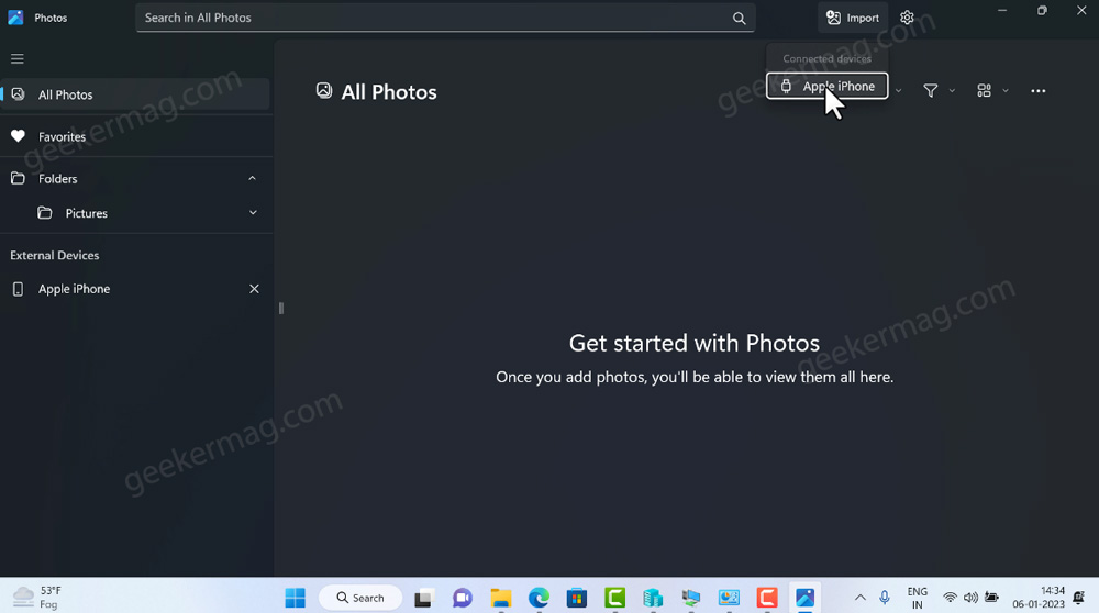 Select Apple iPhone in photos app in windows 11