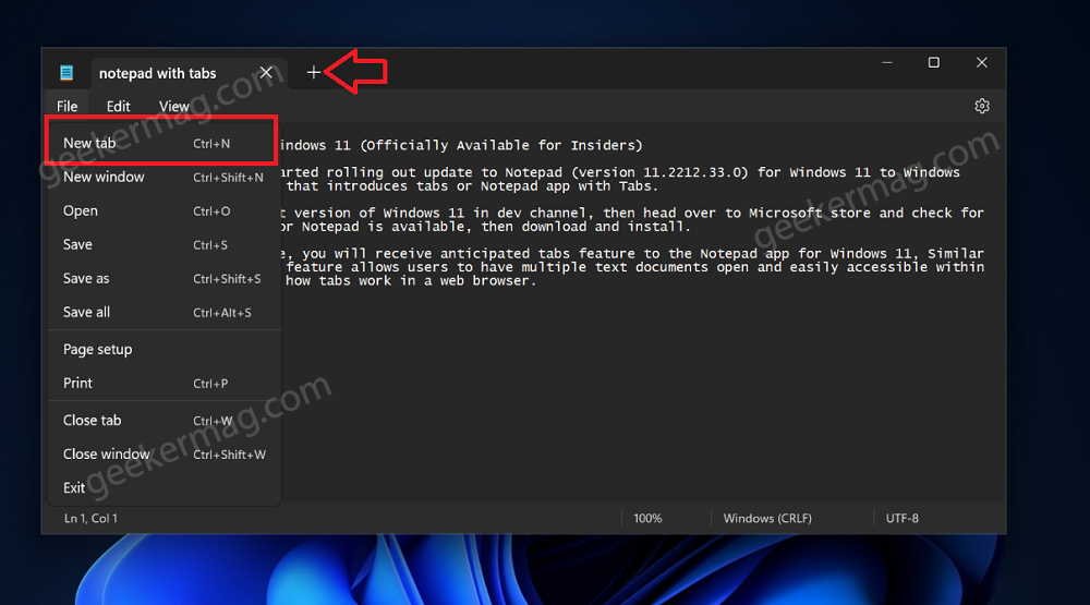 Open a new tab in the notepad app in windows 11