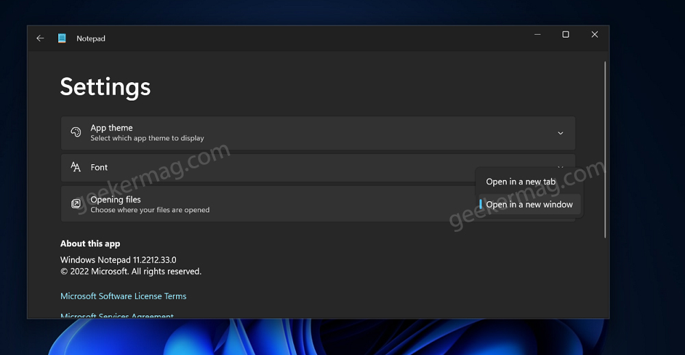 Notepad app opening files settings