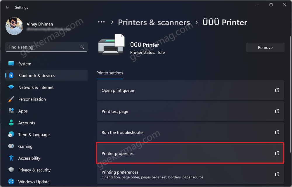 printer properties in windows 11