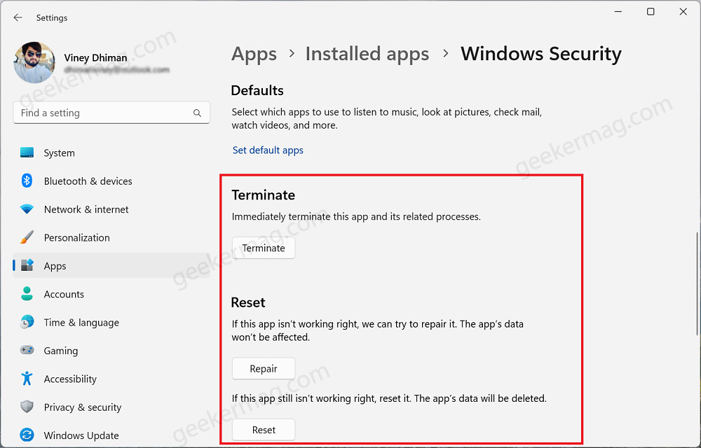 Terminate, Repair, & Reset Windows Security app